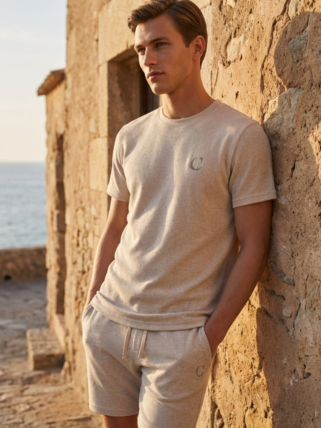Iconic Men Beige Textured T-Shirt