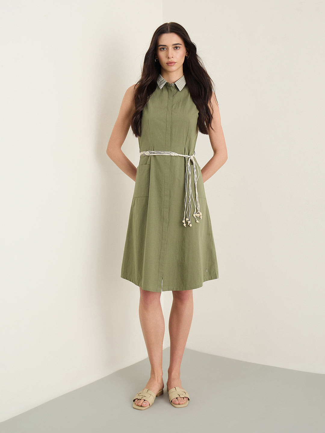 Iconic Women Olive Green Shirt Collar Dress