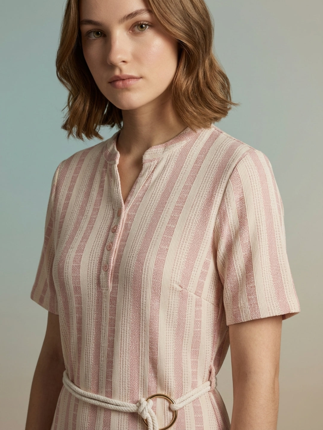 Iconic Women Pink Striped Dress With Fancy Belt