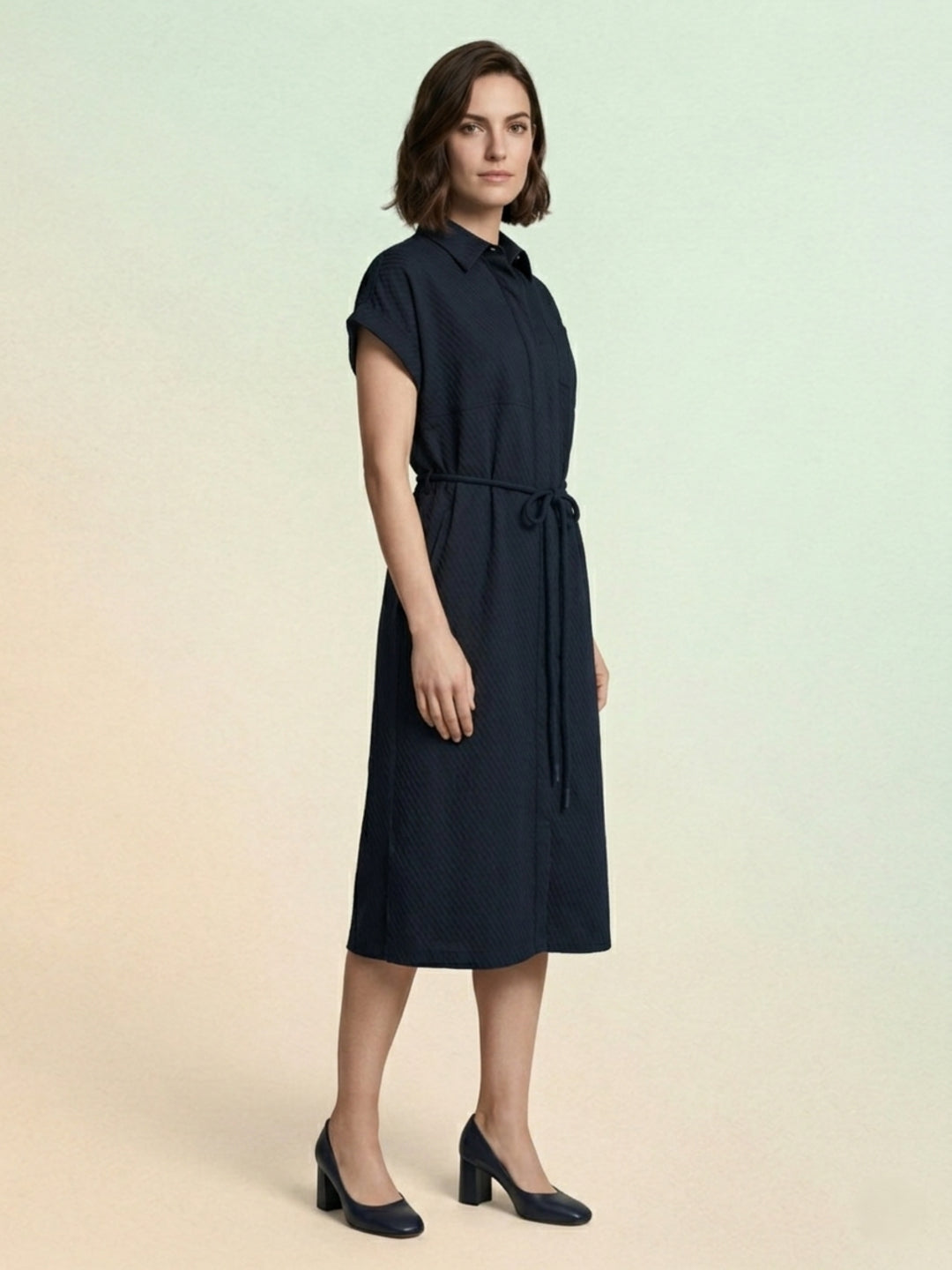 Iconic Women Navy Blue Textured Dress With Belt