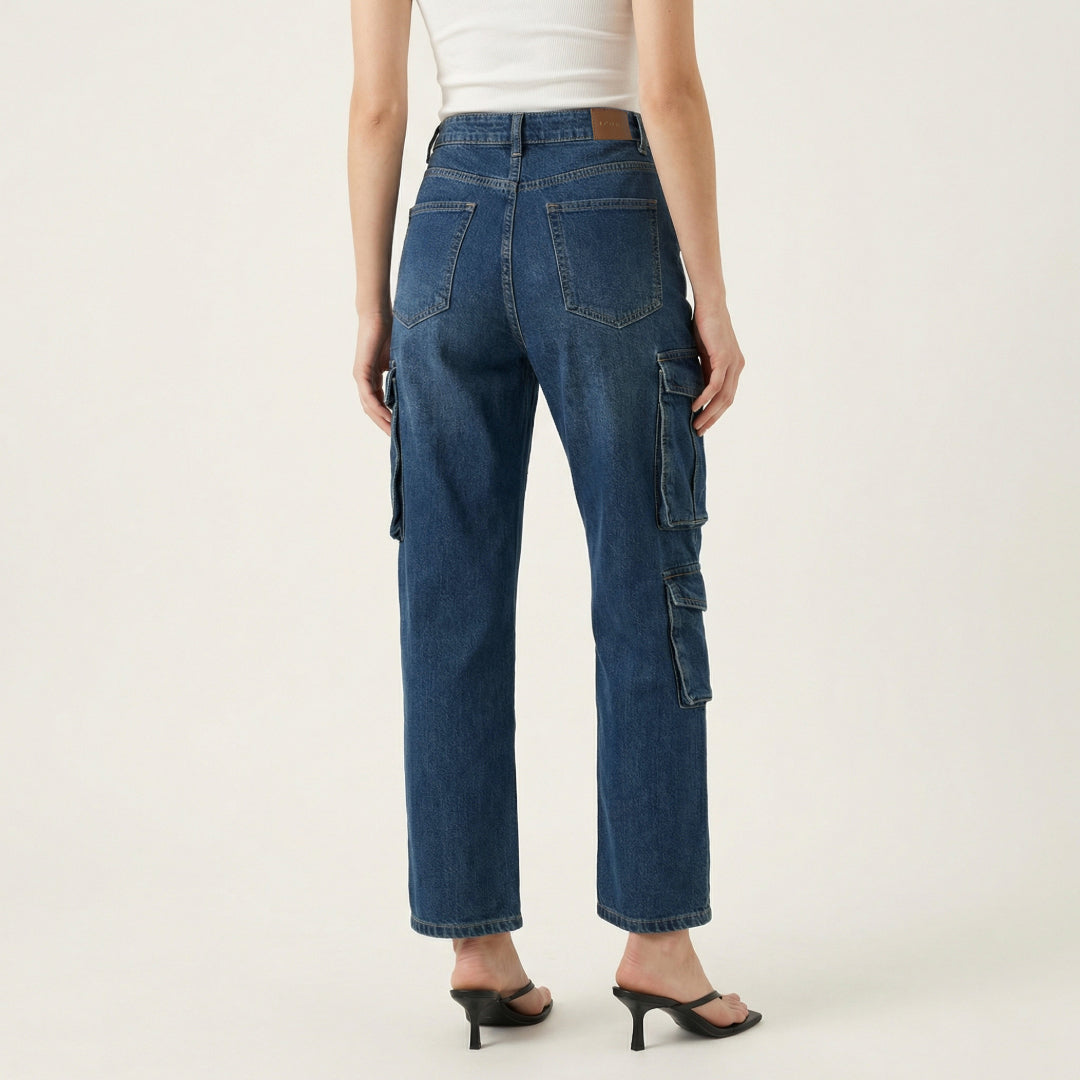 Iconic Women Blue Solid Mid Rise Cargo Fit Cargo Jeans