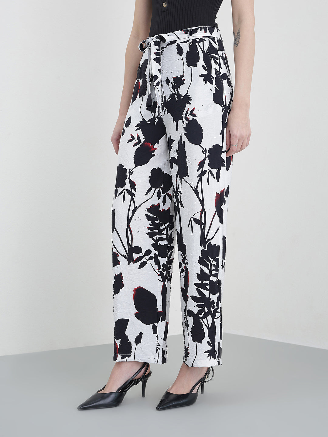 Iconic Women BLACK Printed Regular Fit Pure Cotton Trouser