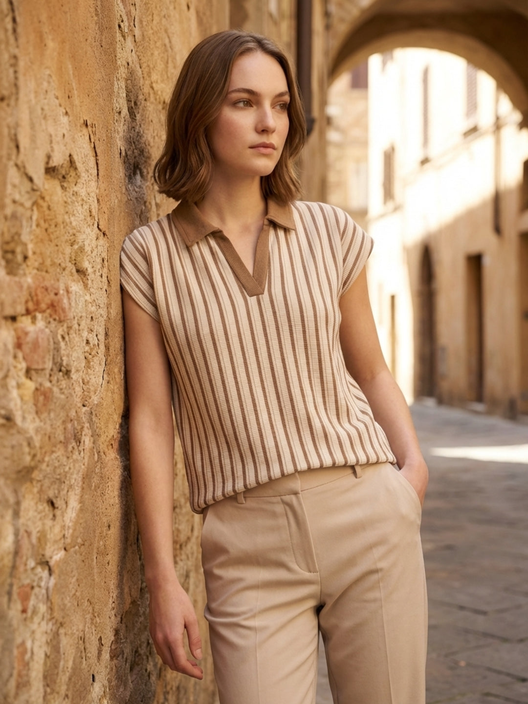 Iconic Women Cream Striped Polo T-Shirt