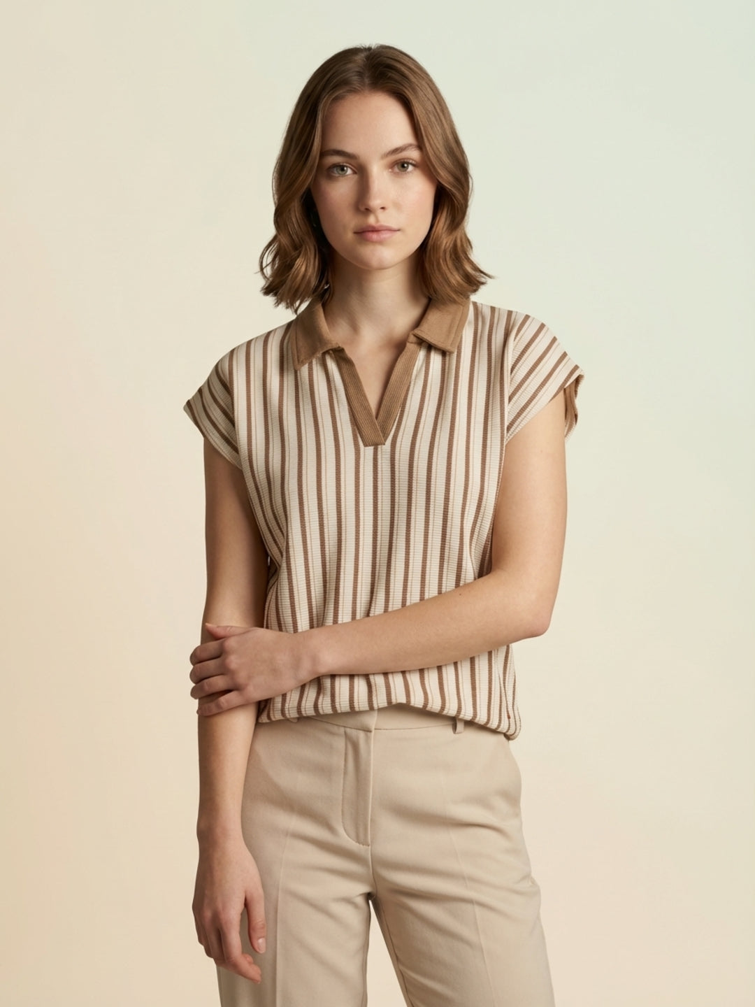 Iconic Women Cream Striped Polo T-Shirt