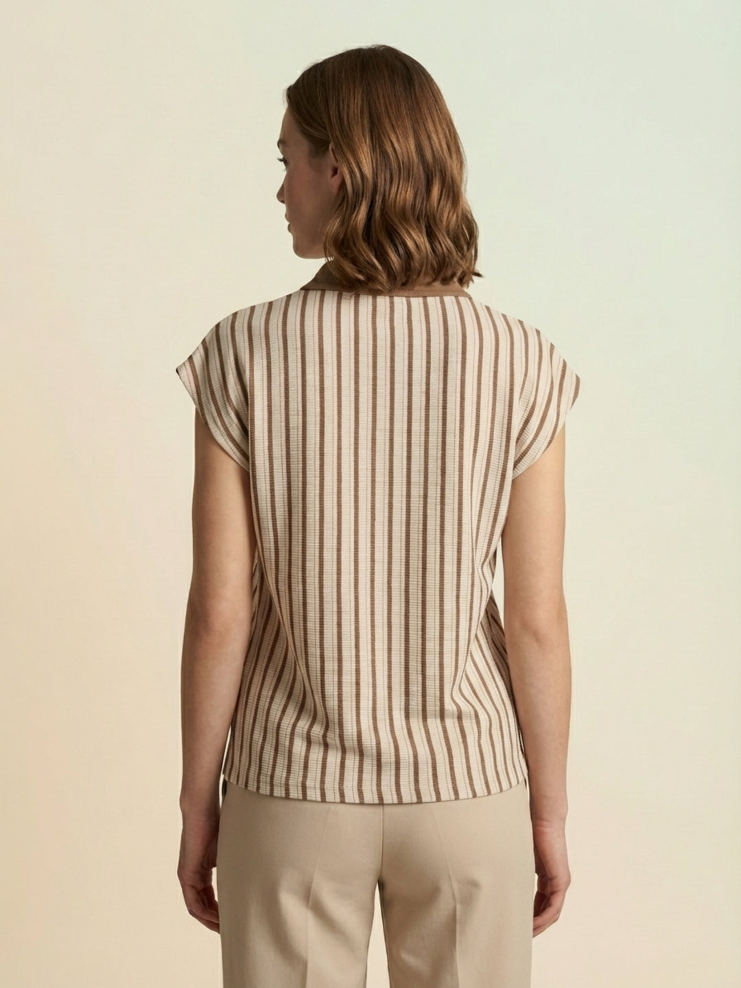 Iconic Women Cream Striped Polo T-Shirt