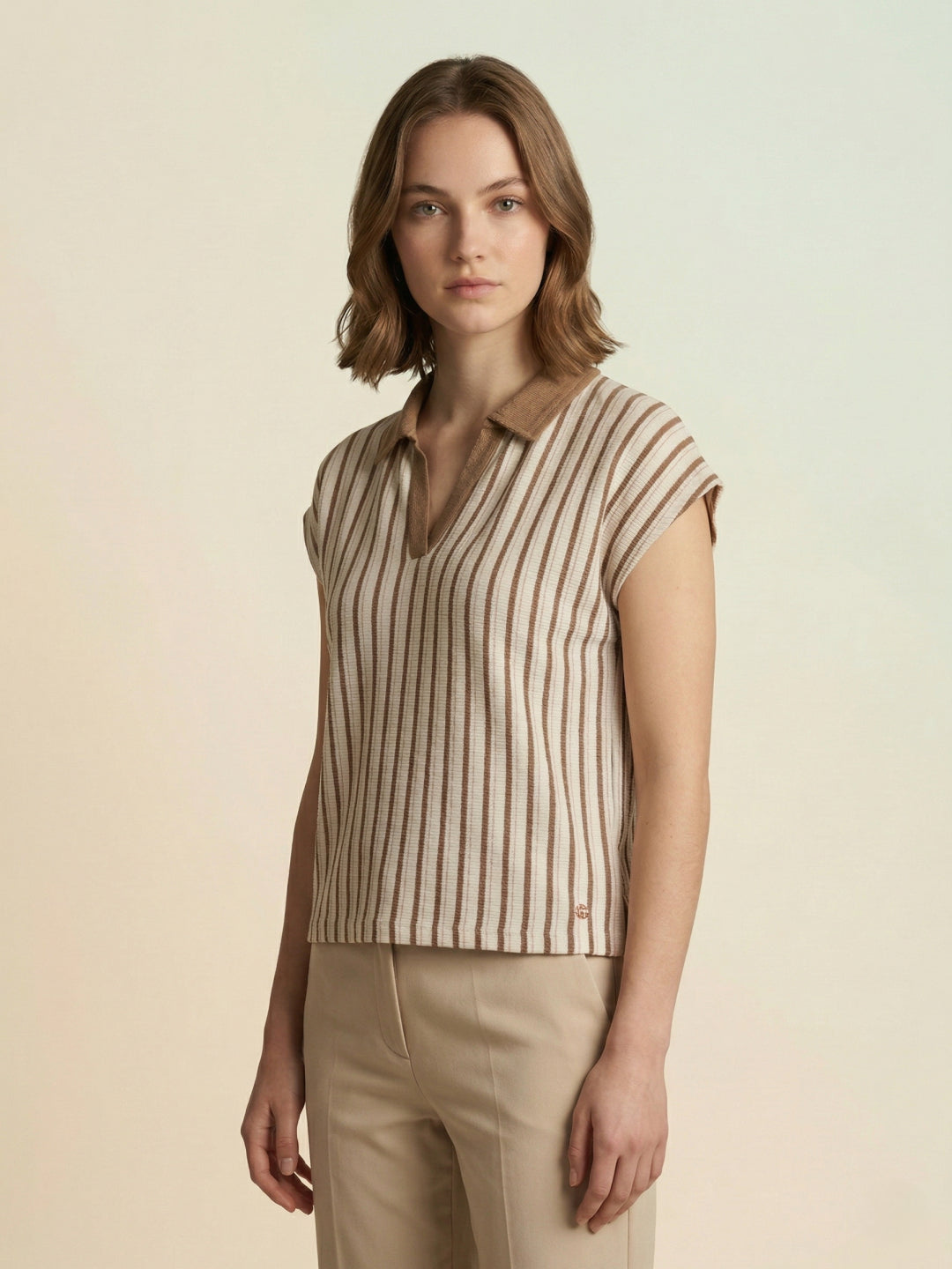 Iconic Women Cream Striped Polo T-Shirt