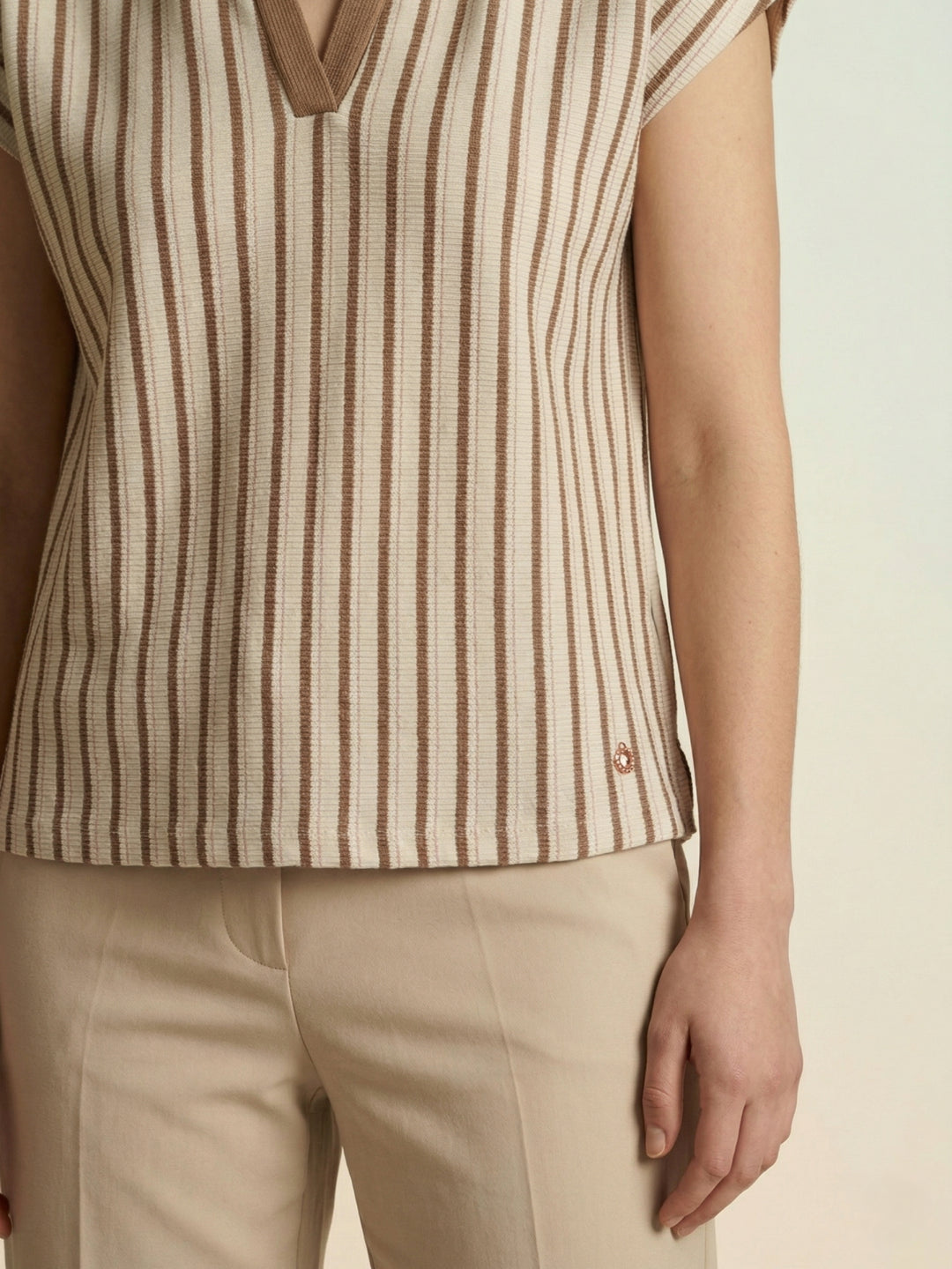 Iconic Women Cream Striped Polo T-Shirt