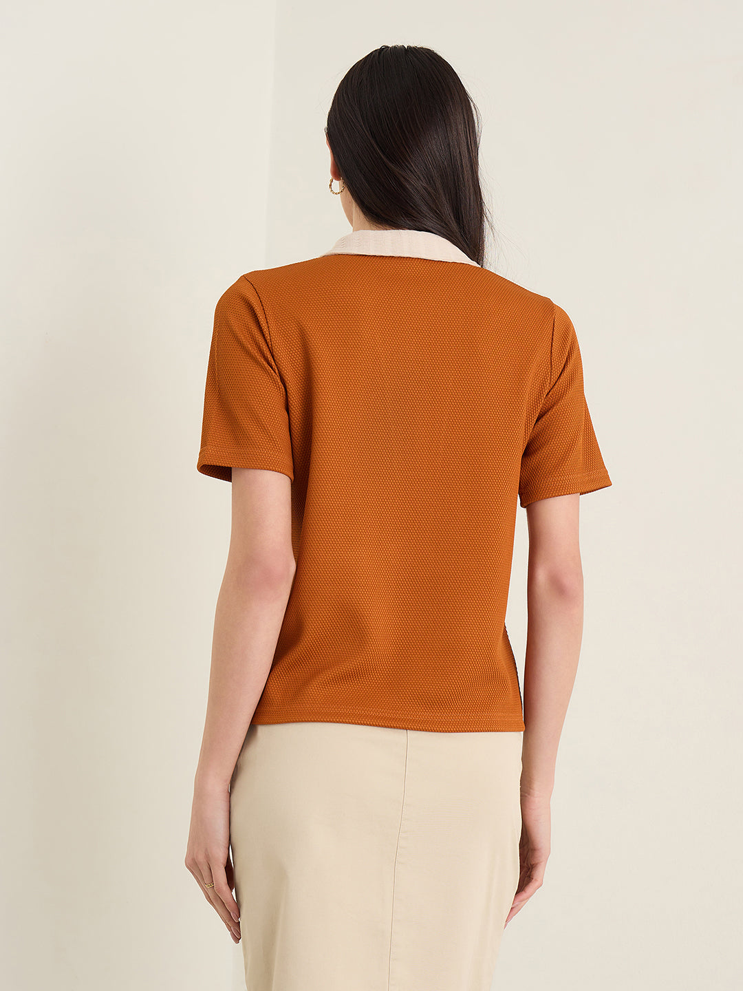 Iconic Women Rust Orange Woven Design Top