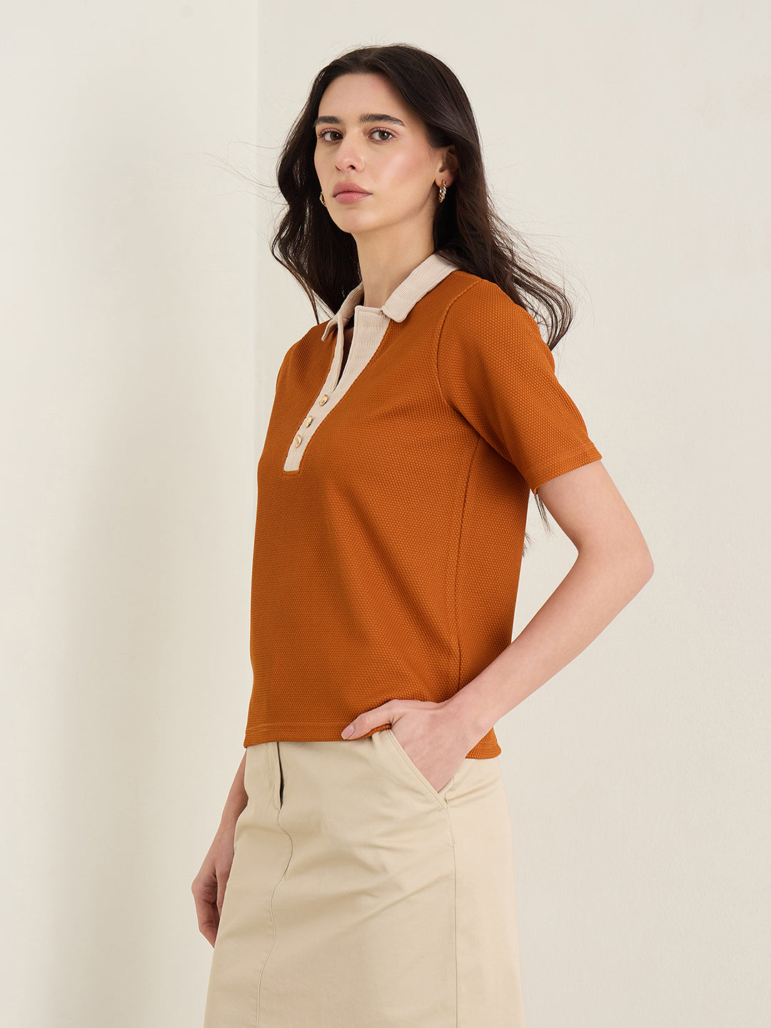 Iconic Women Rust Orange Woven Design Top