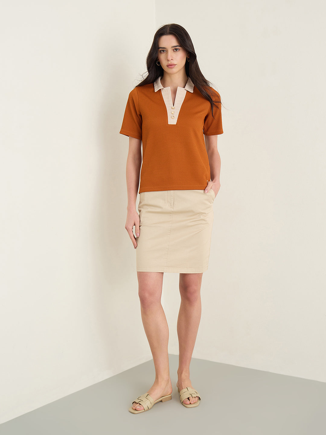 Iconic Women Rust Orange Woven Design Top