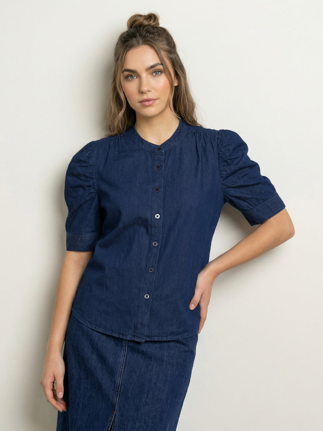 Iconic Women Cotton Navy Blue Solid Shirt