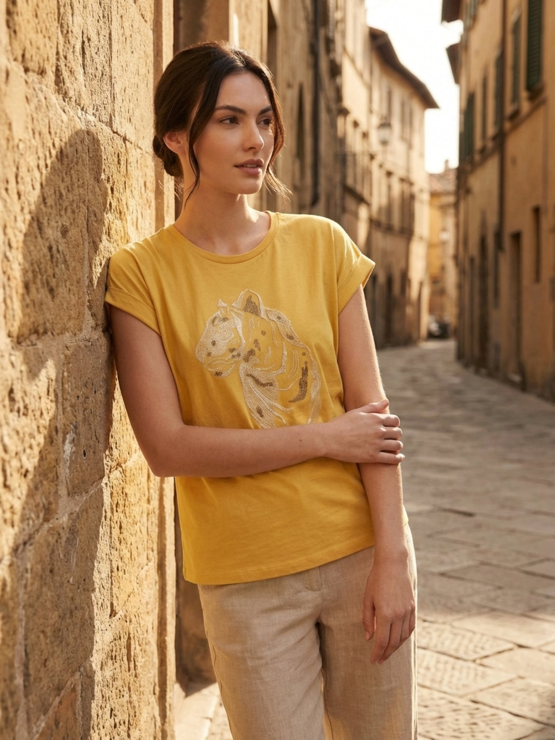 Iconic Women Yellow Cotton Tiger Embroidered T-Shirt