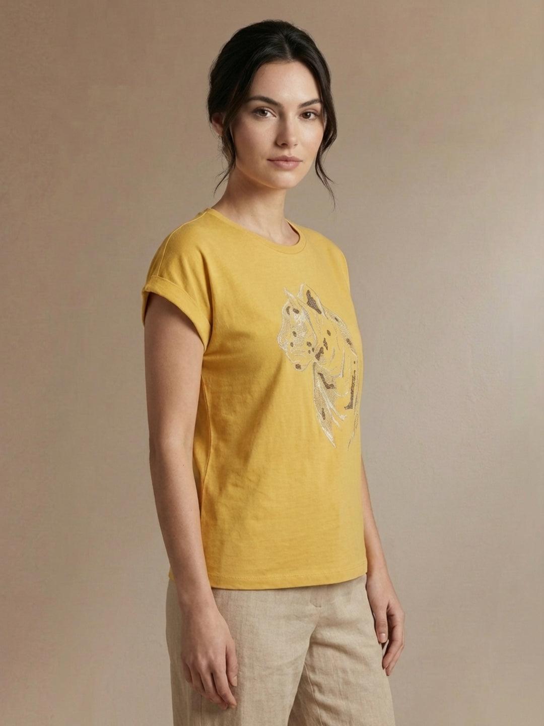 Iconic Women Yellow Cotton Tiger Embroidered T-Shirt