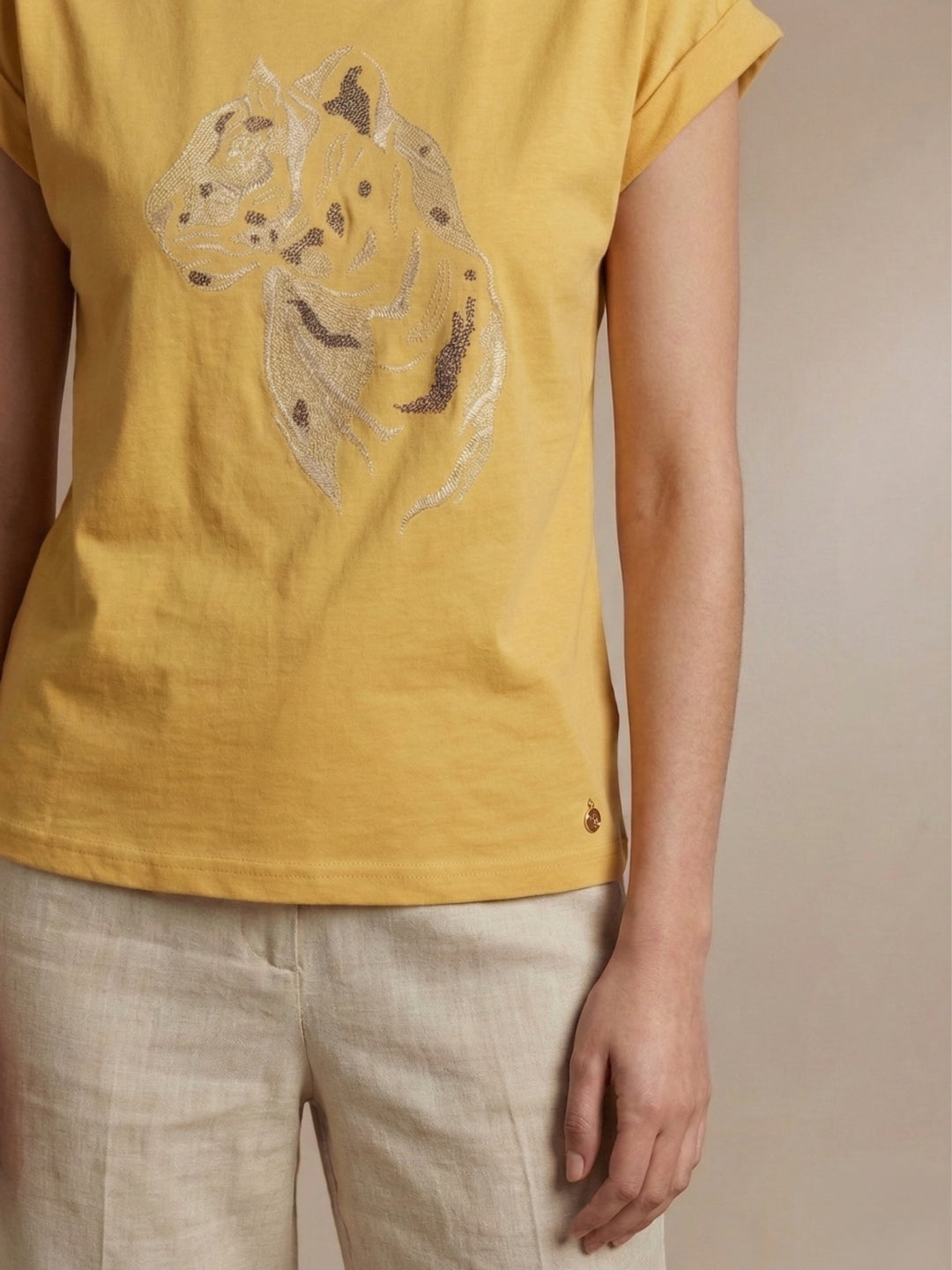 Iconic Women Yellow Cotton Tiger Embroidered T-Shirt