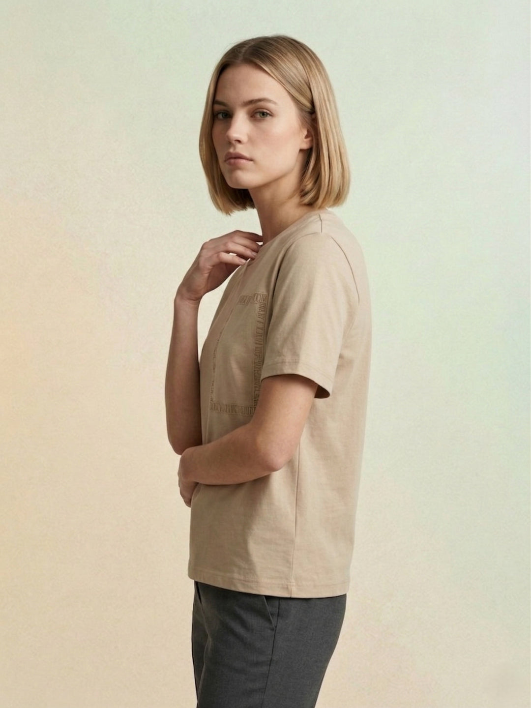 Iconic Women Beige Cotton Branded Logo Solid T-Shirt