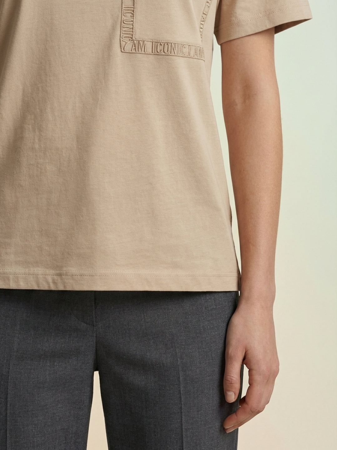 Iconic Women Beige Cotton Branded Logo Solid T-Shirt