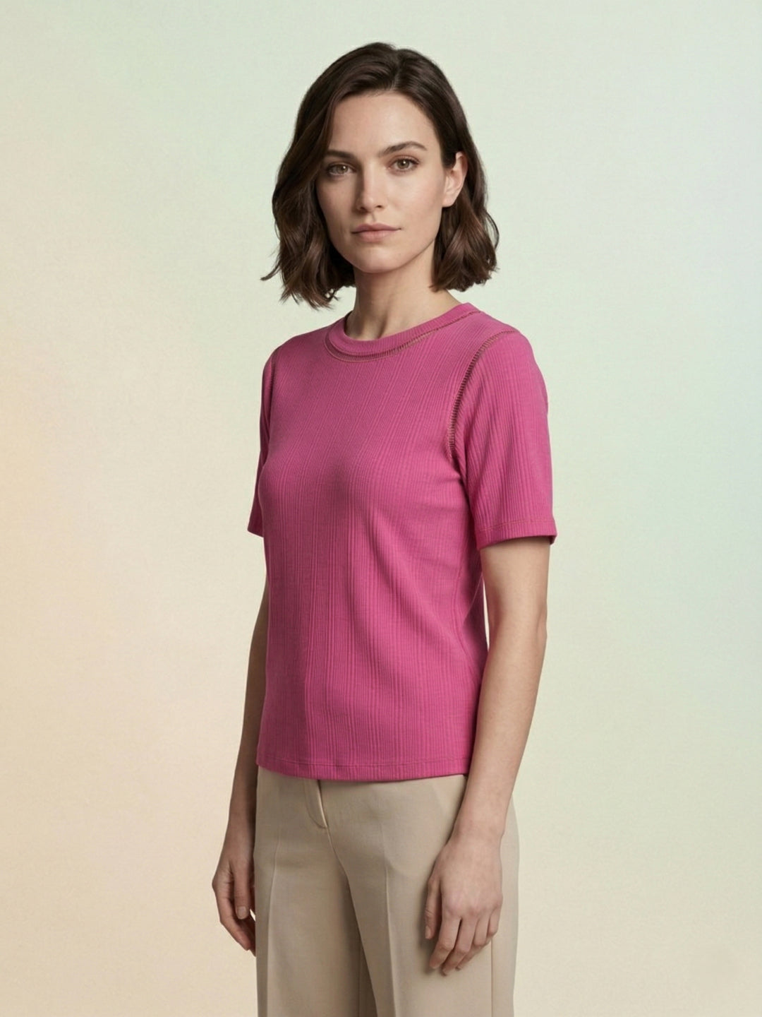 Iconic Women Pink Striped Lace Detail T-Shirt