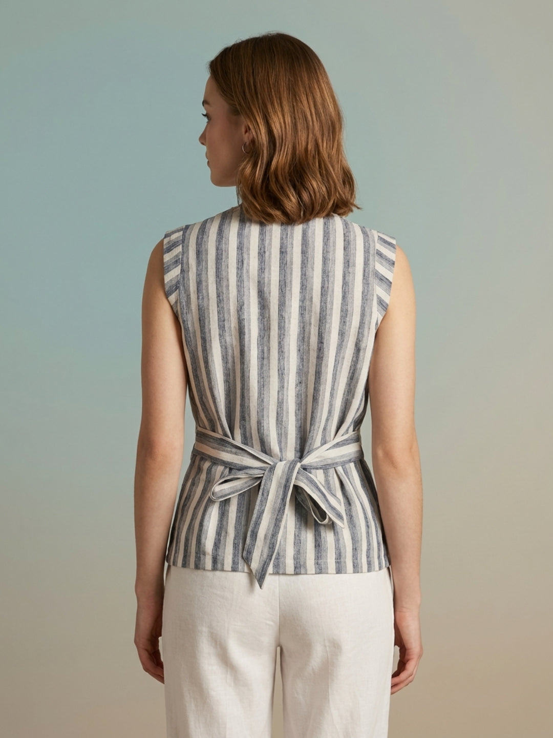 Iconic Women Cream Striped Tie-Up Detail Top