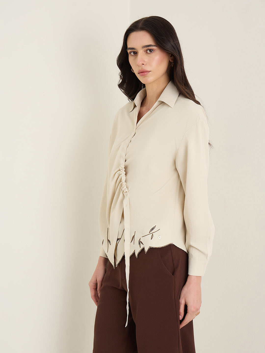 Iconic Women Beige Shirt Collar Top