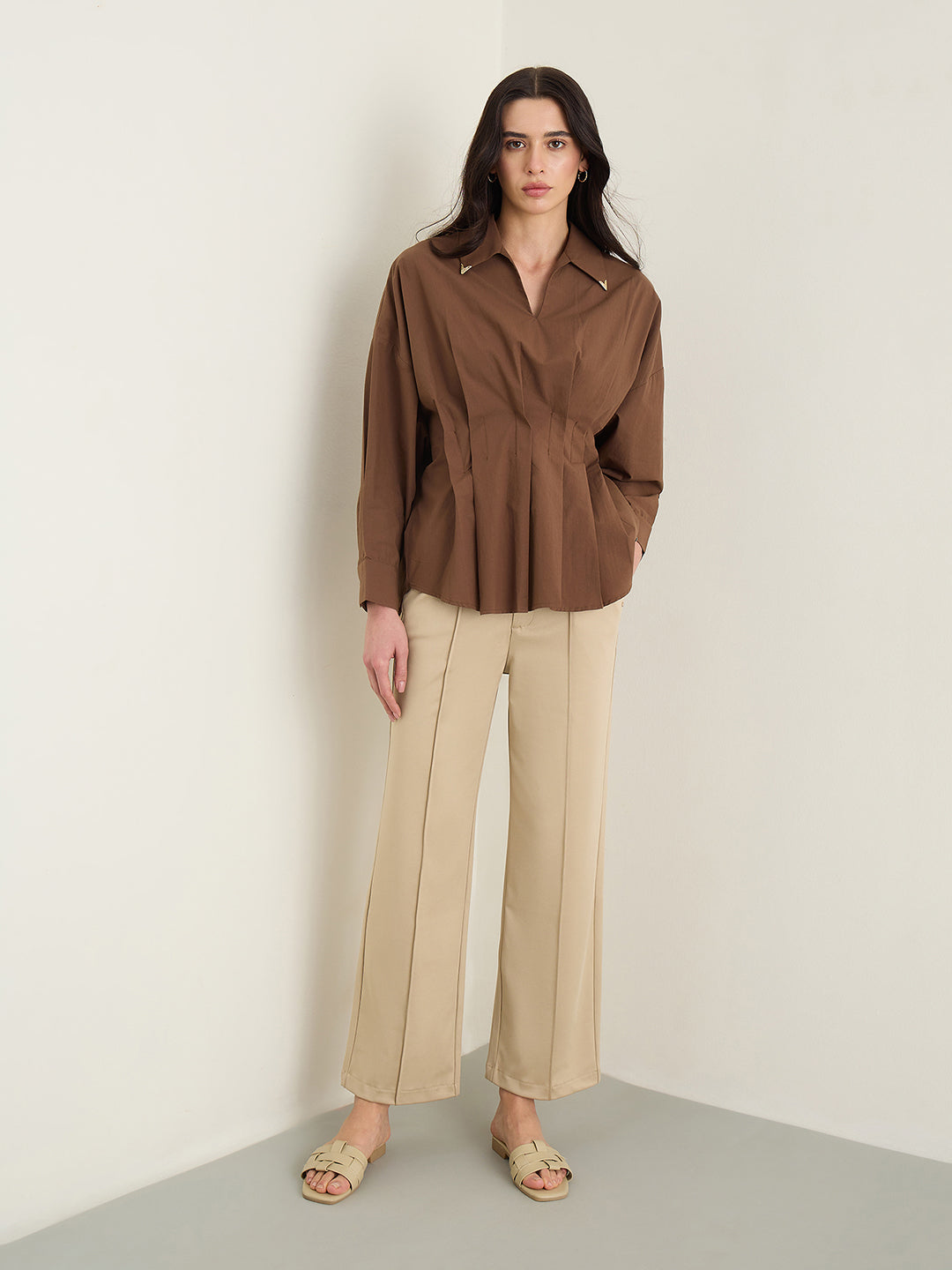 Iconic Women Brown Shirt Collar Top