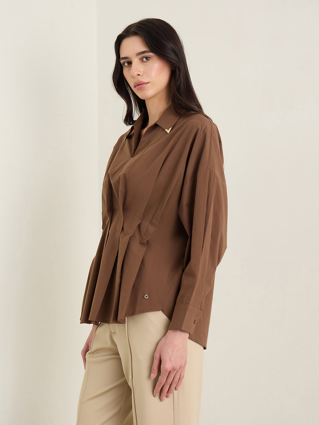 Iconic Women Brown Shirt Collar Top