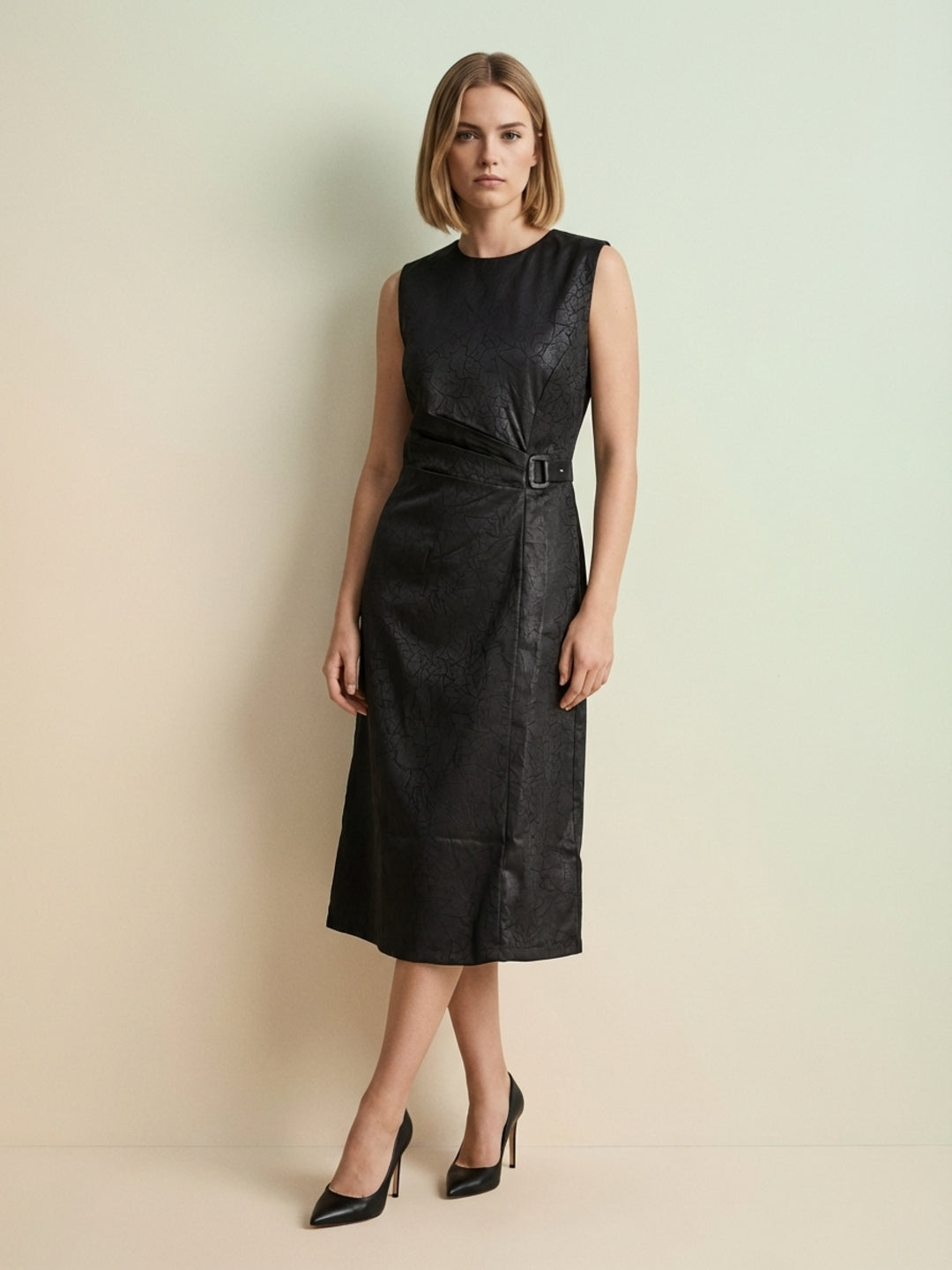Iconic Women Black Jacquard Dress With Belt