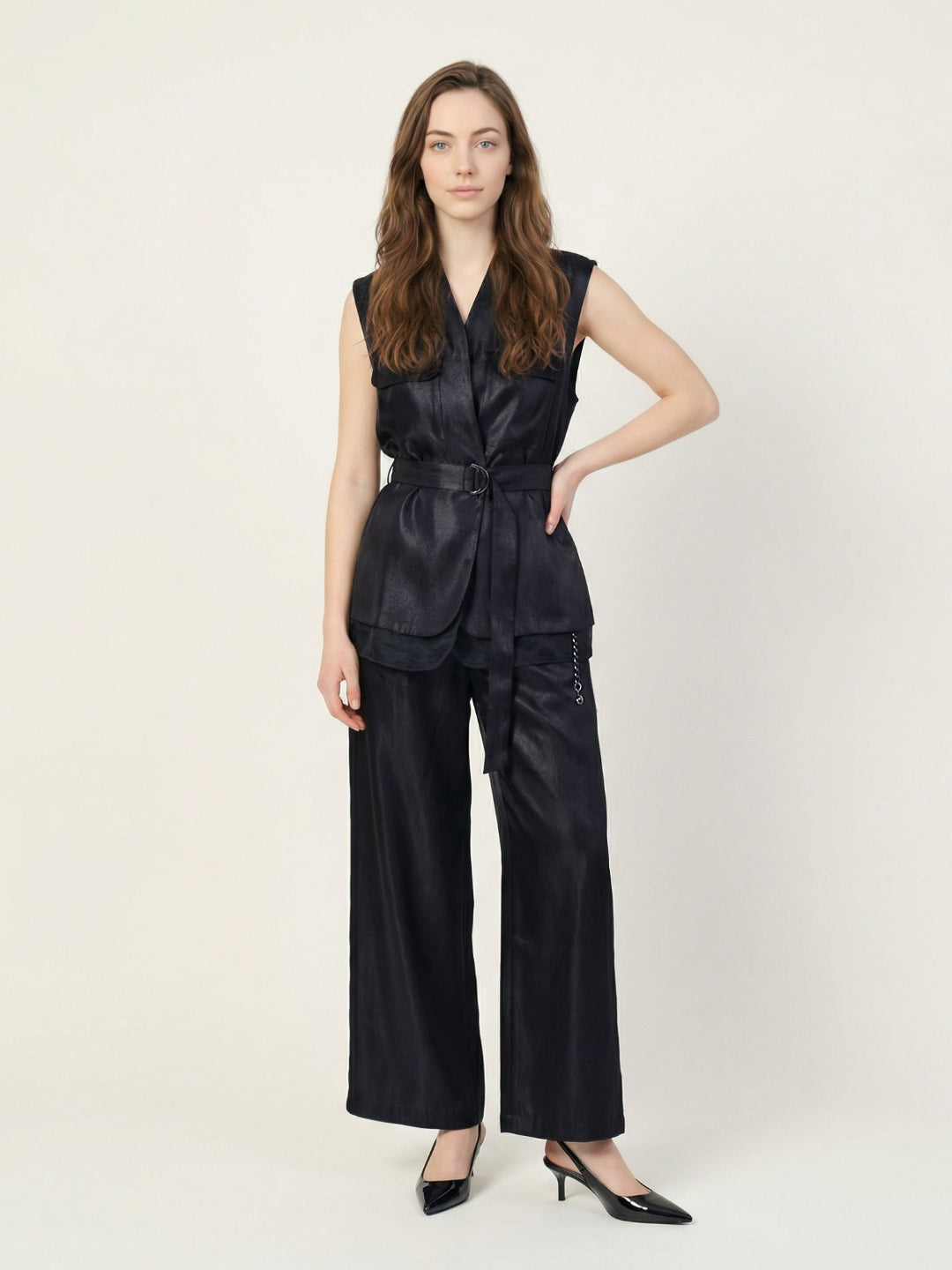 Iconic Women Black Solid Belted Jacket