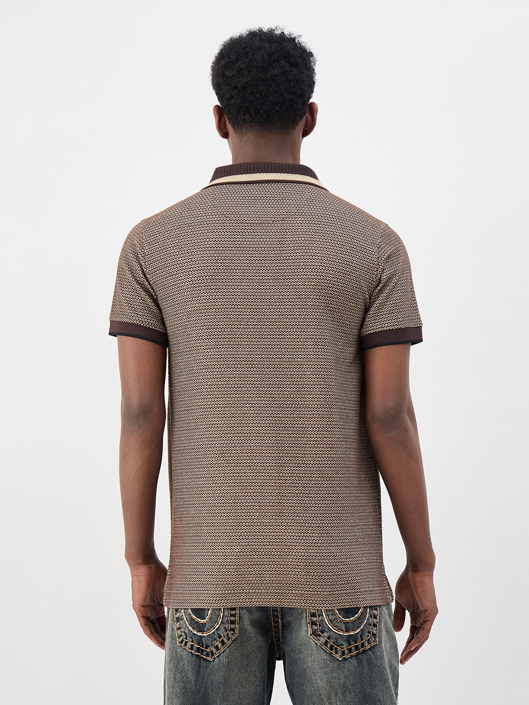 True Religion Men Woven Design Brown Polo T-Shirt