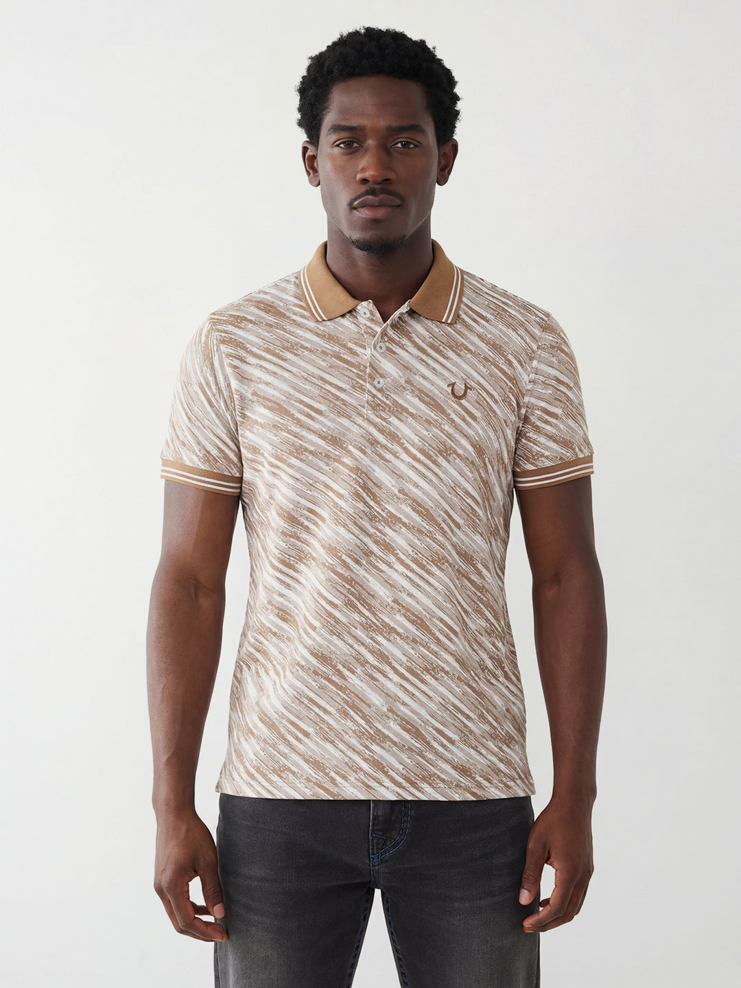 True Religion Men Beige Striped Polo T-Shirt