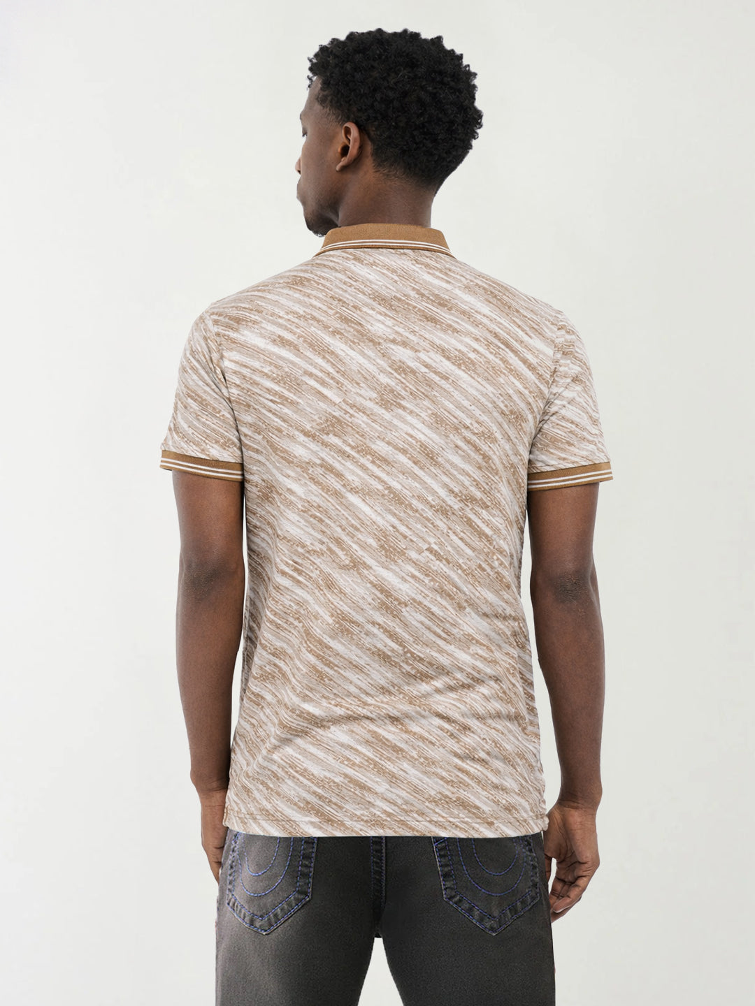 True Religion Men Beige Striped Polo T-Shirt