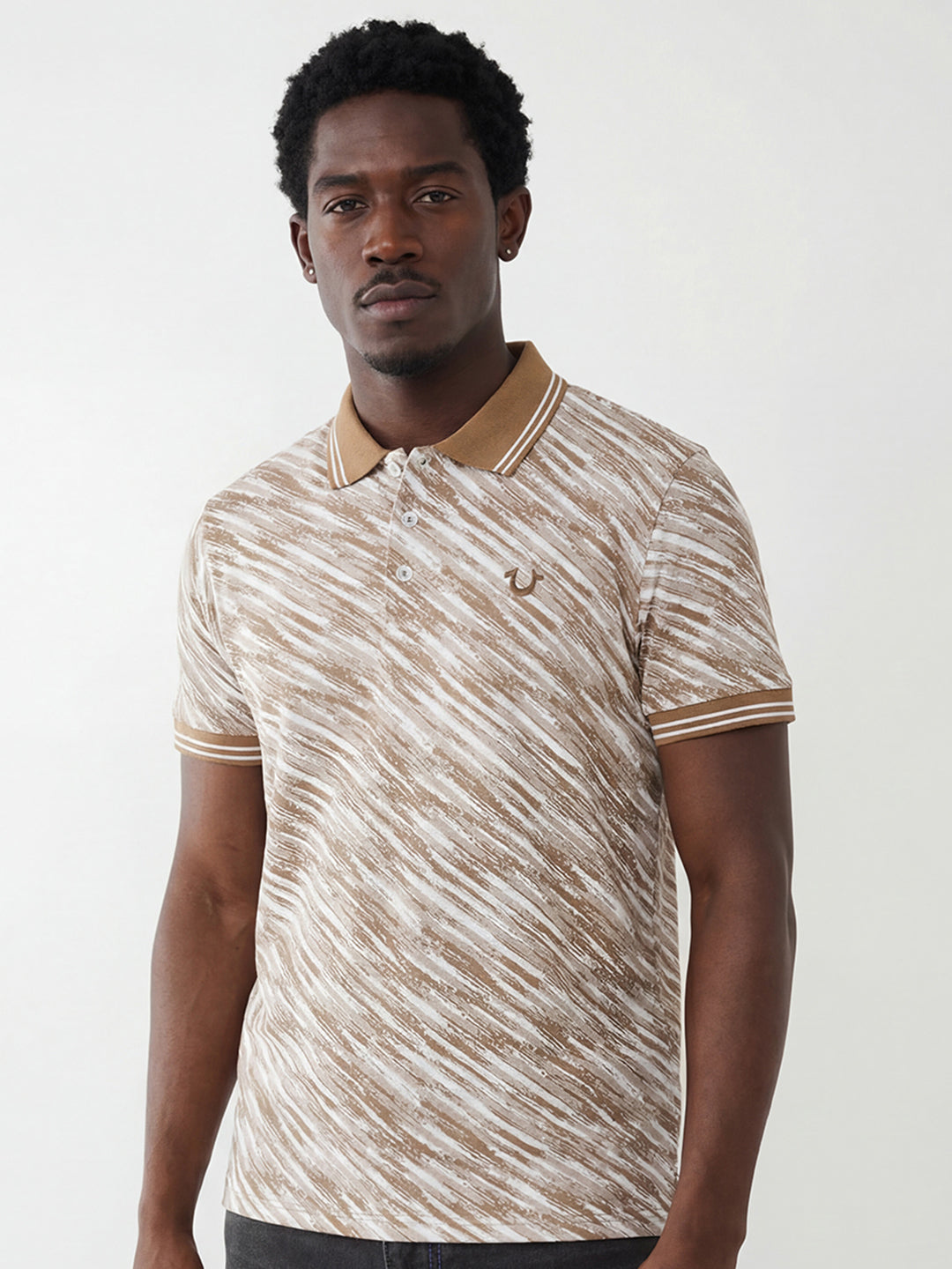 True Religion Men Beige Striped Polo T-Shirt