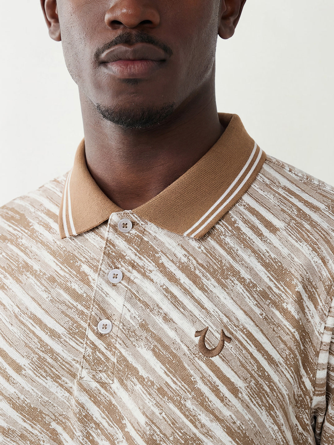 True Religion Men Beige Striped Polo T-Shirt