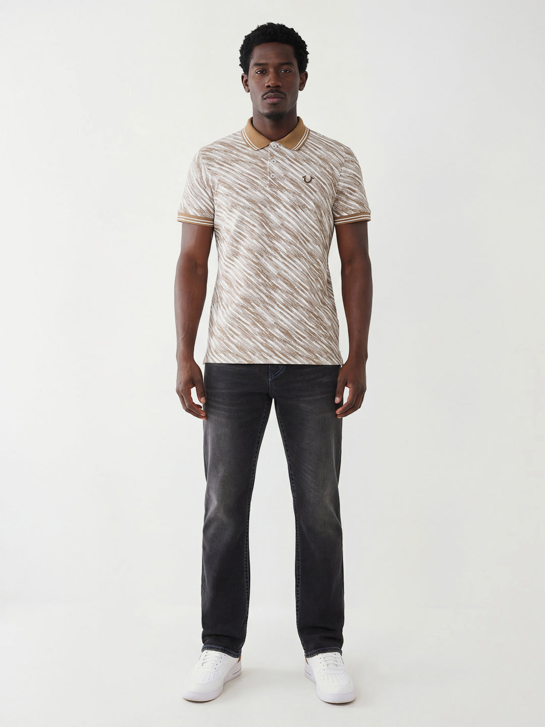 True Religion Men Beige Striped Polo T-Shirt