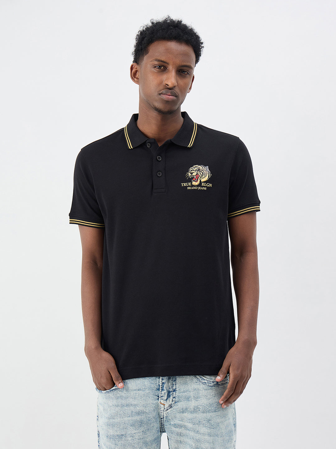True Religion Men Black Solid Regular Fit Pure Cotton Polo T-Shirt