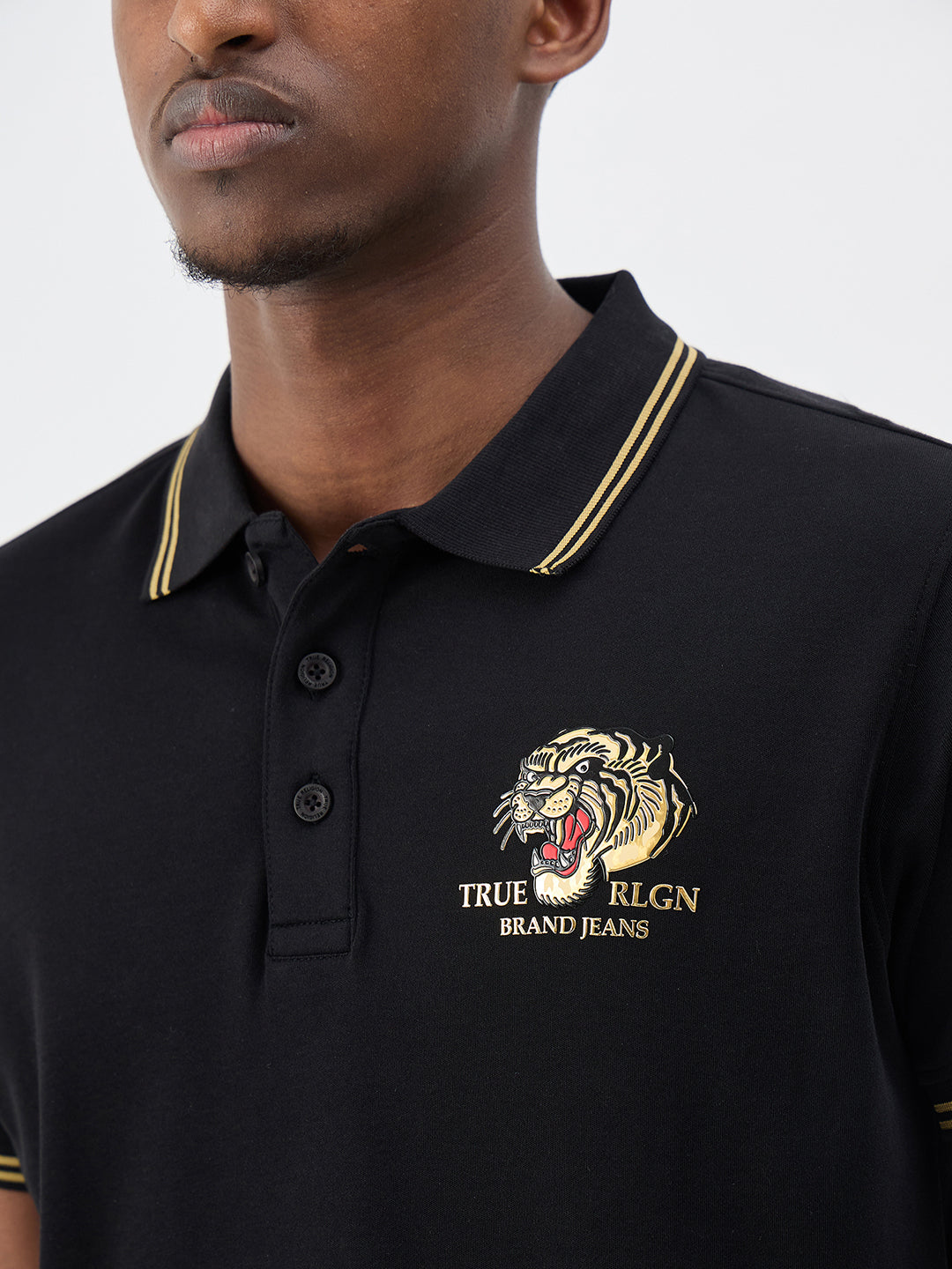 True Religion Men Black Solid Regular Fit Pure Cotton Polo T-Shirt