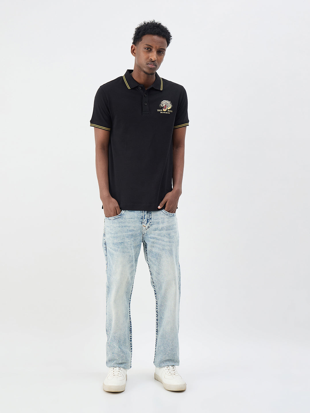 True Religion Men Black Solid Regular Fit Pure Cotton Polo T-Shirt