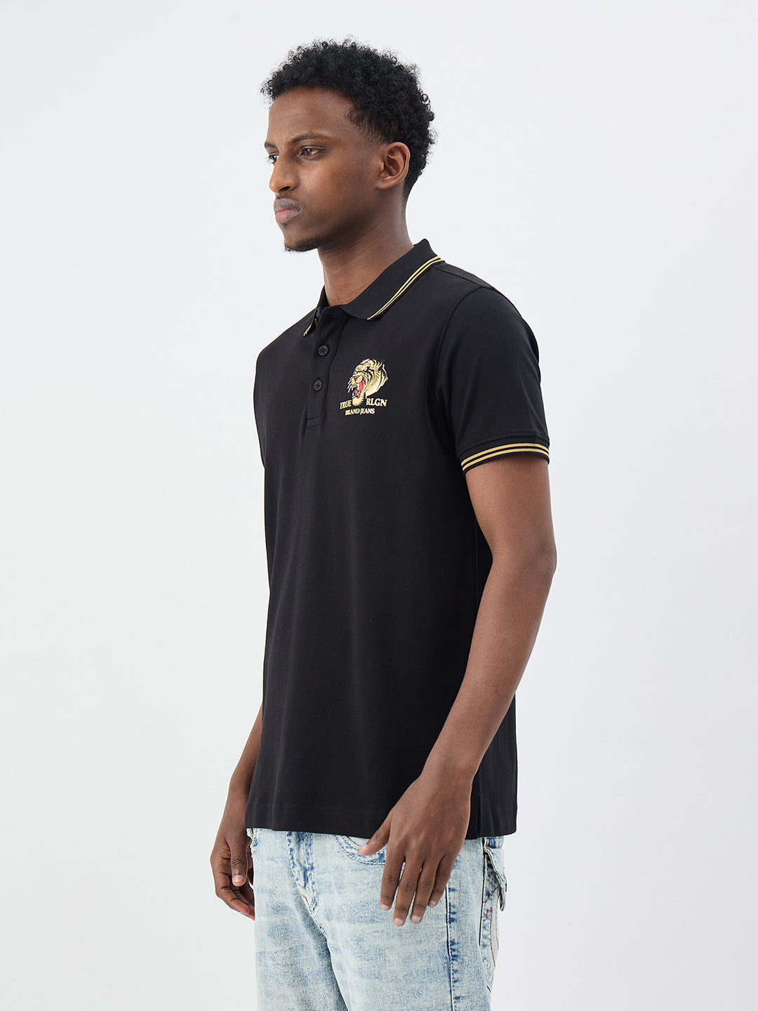 True Religion Men Black Solid Regular Fit Pure Cotton Polo T-Shirt
