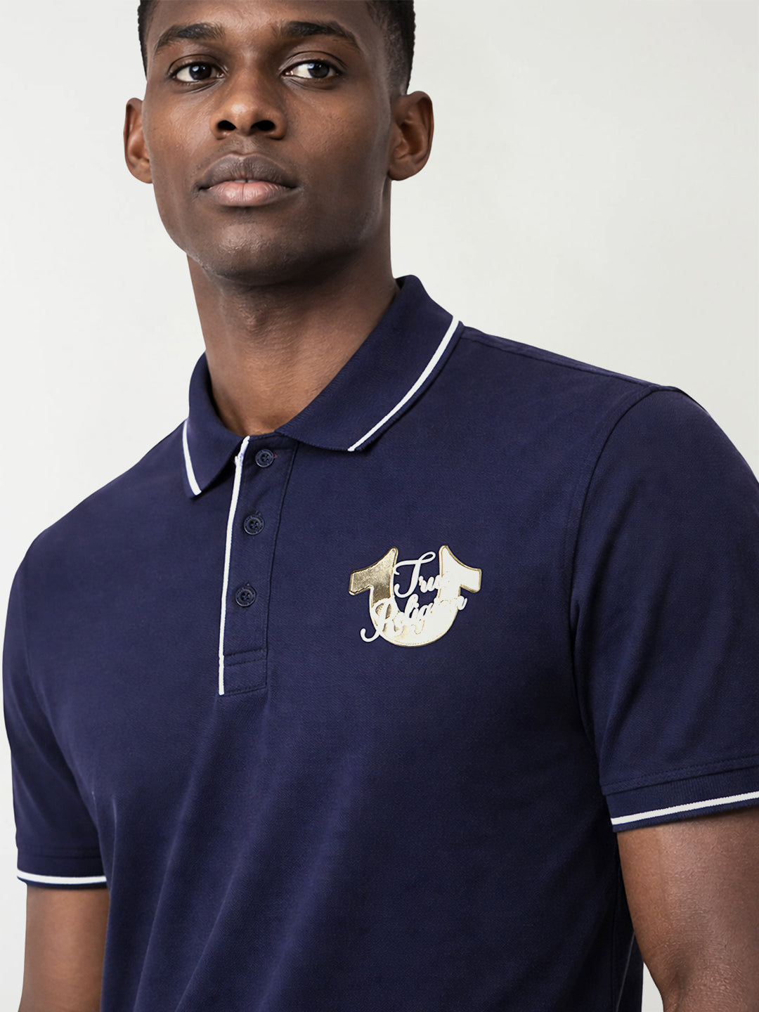 True Religion Men Navy Blue Solid Regular Fit Pure Cotton Polo T-Shirt