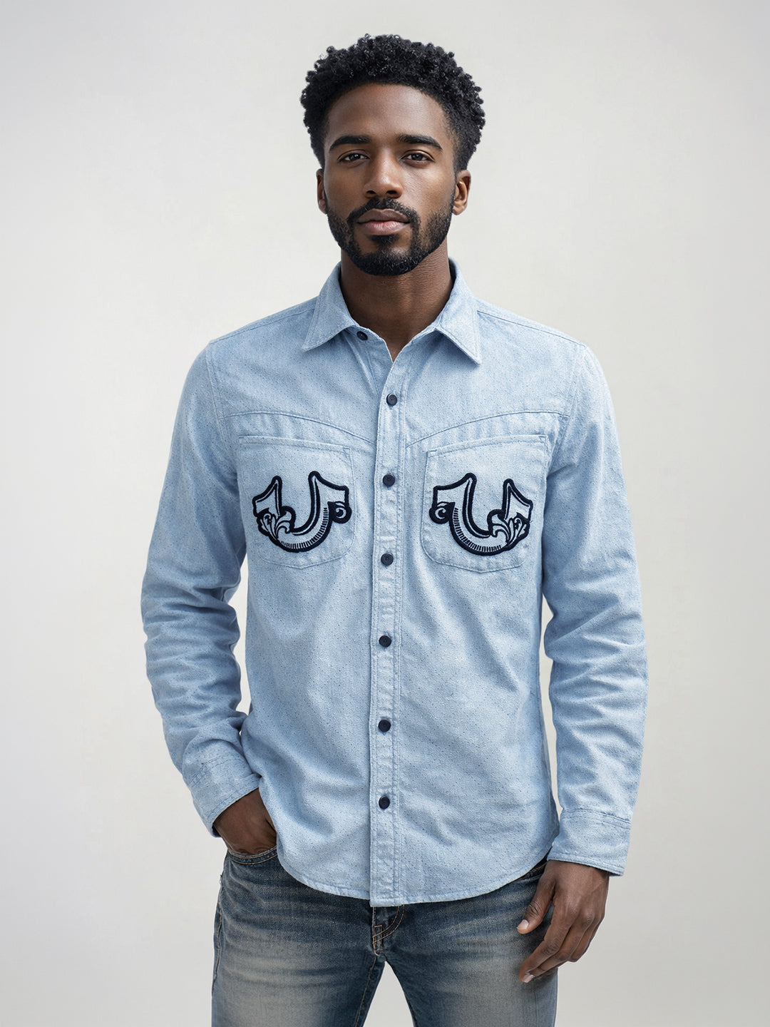 True Religion Men Blue Embroidered Shirt