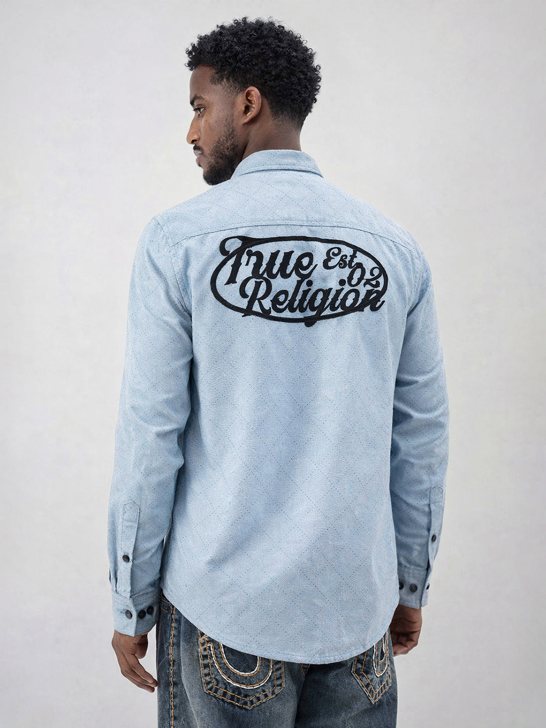 True Religion Men Blue Embroidered Shirt