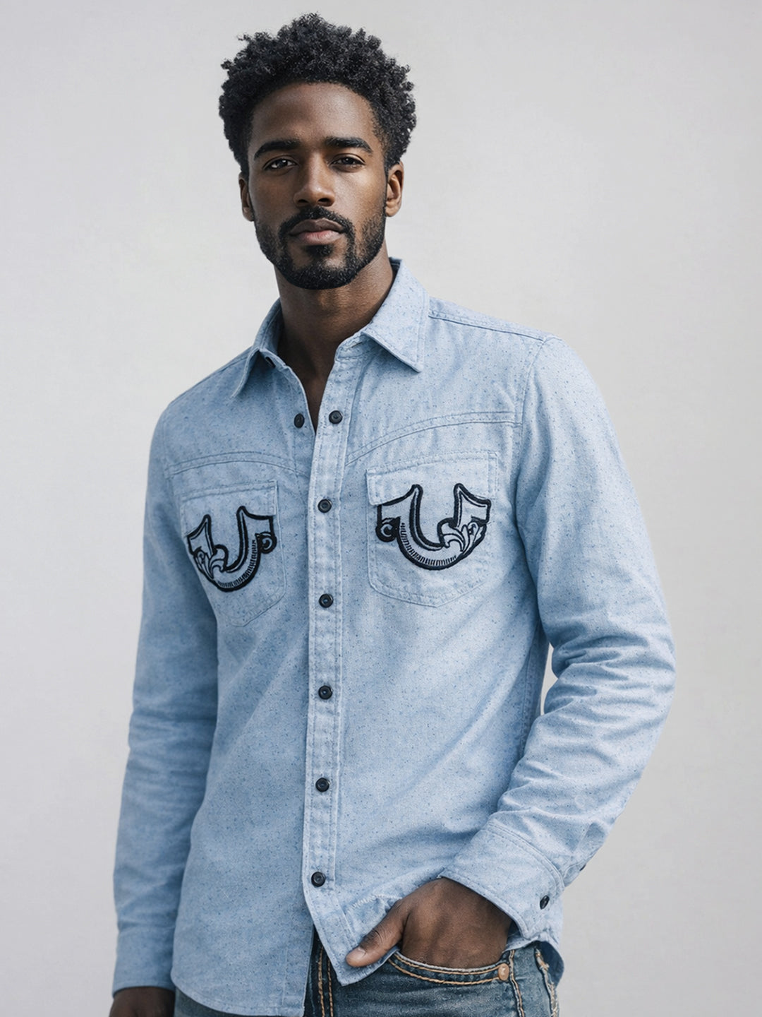 True Religion Men Blue Embroidered Shirt