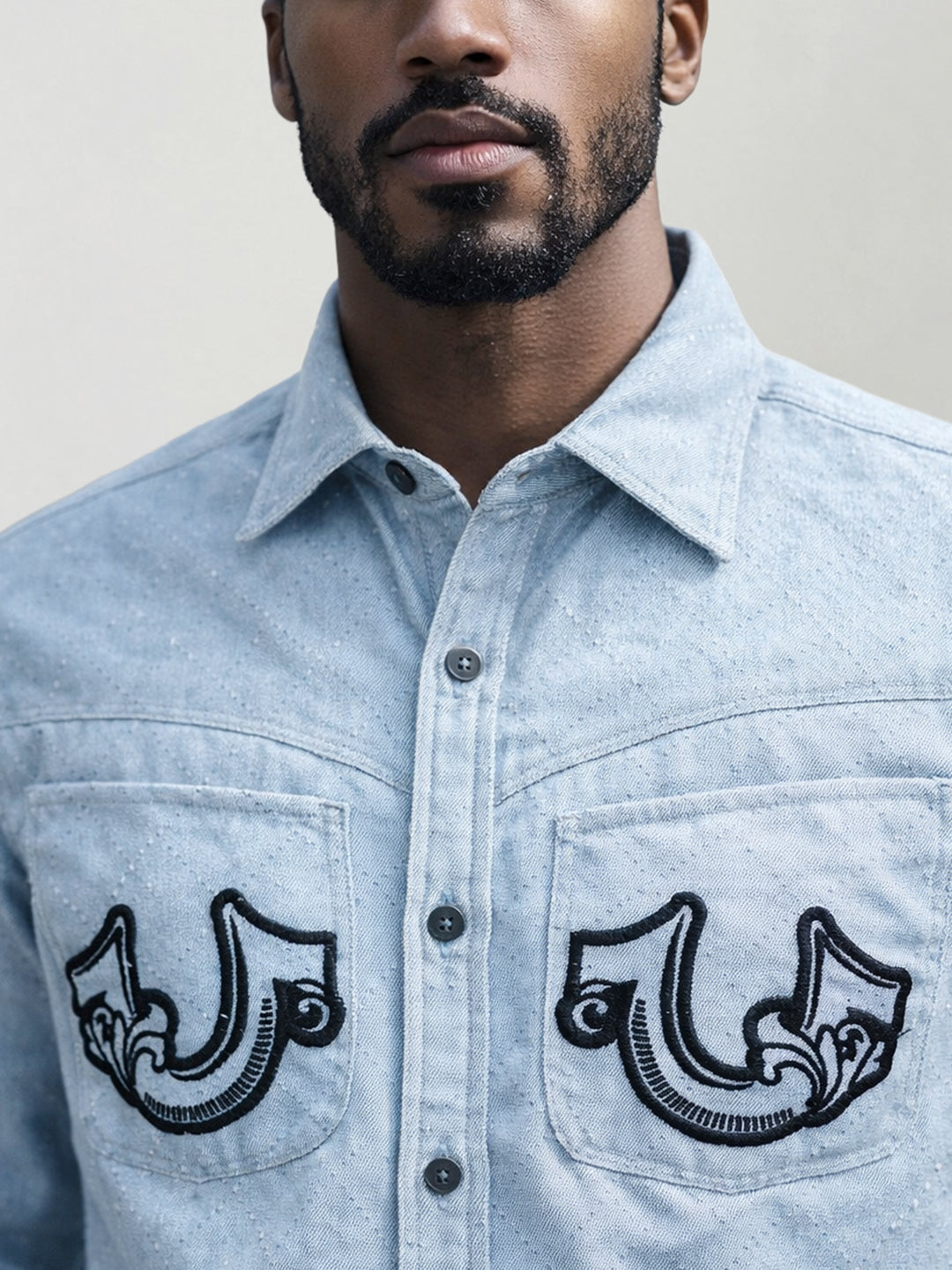 True Religion Men Blue Embroidered Shirt