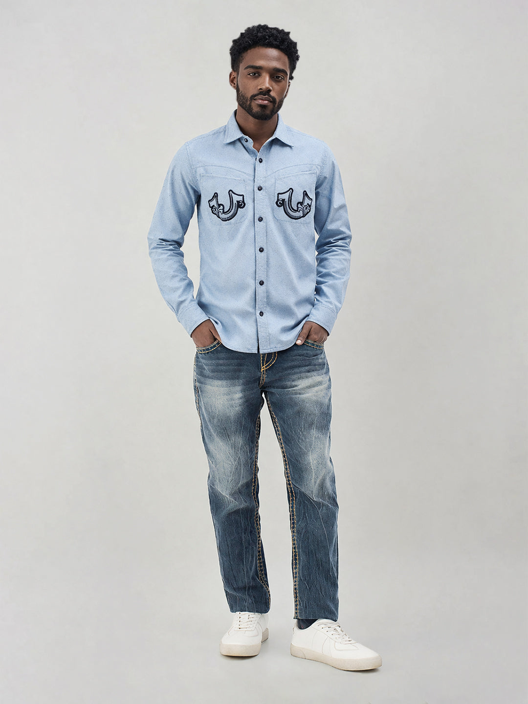 True Religion Men Blue Embroidered Shirt