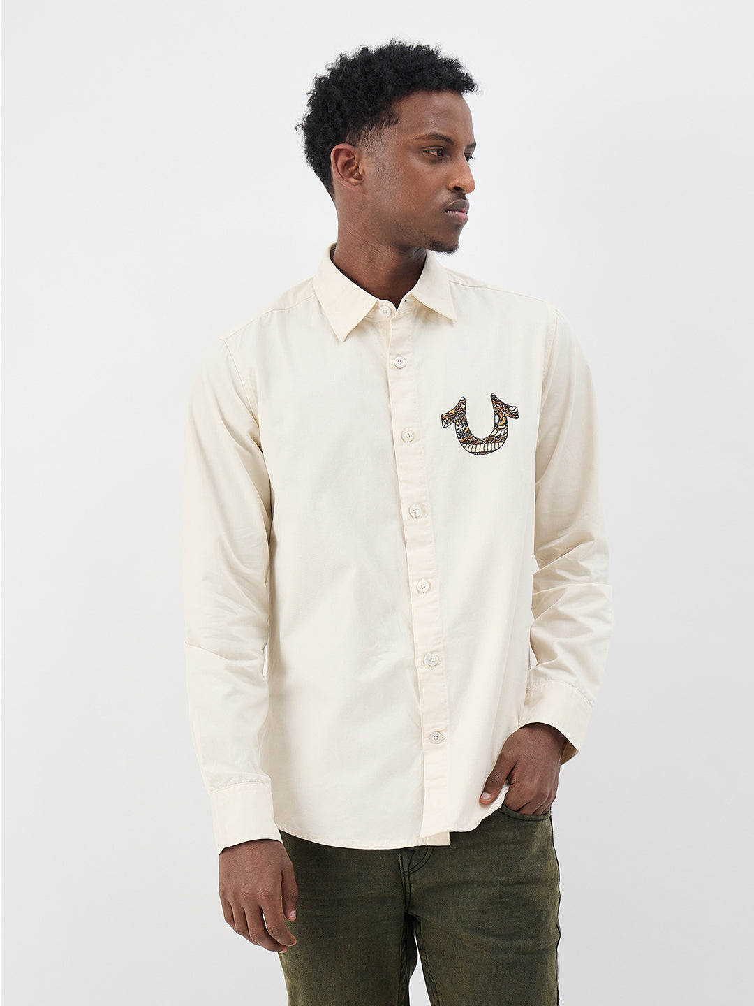 True Religion Men Printed Cream Shirt