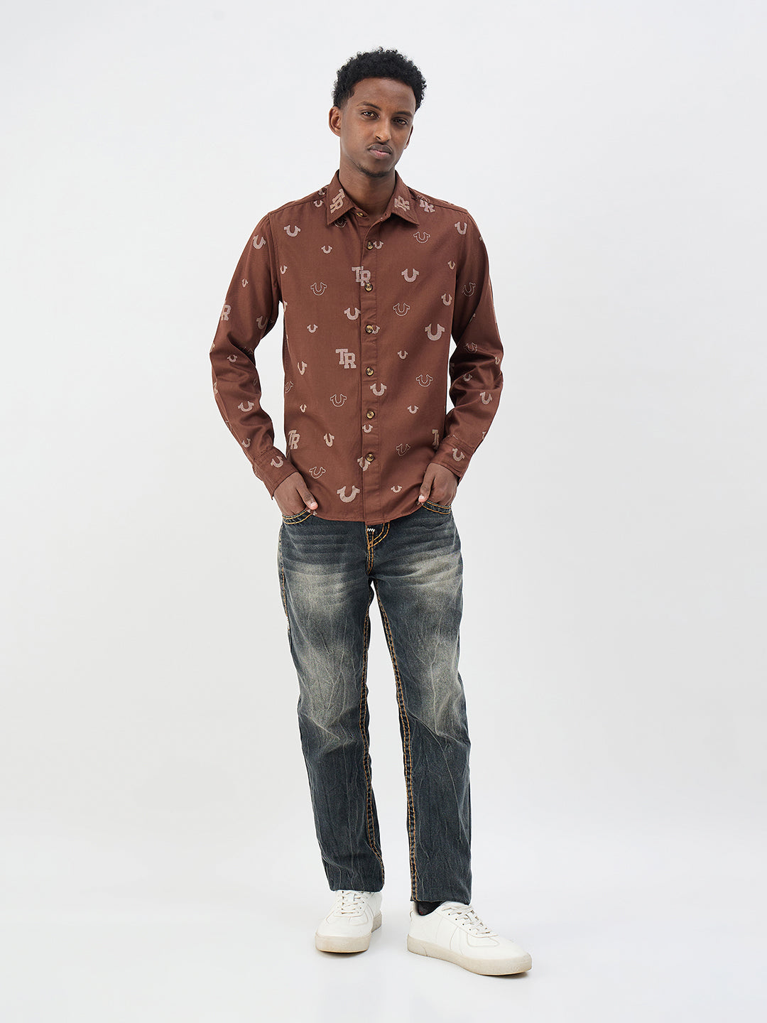 True Religion Men Printed Brown Shirt
