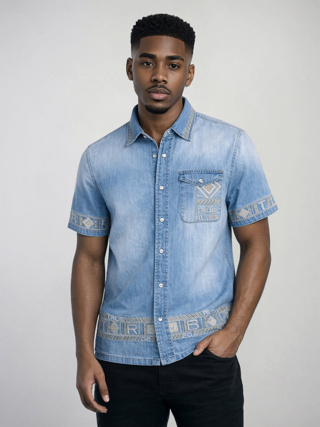 True Religion Men Blue Embroidered Cotton Shirt