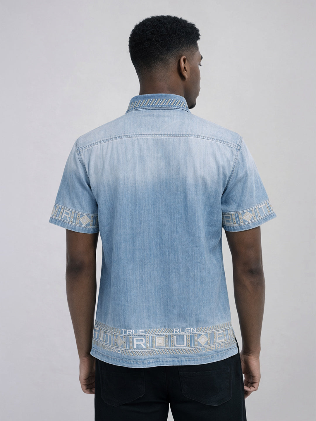 True Religion Men Blue Embroidered Cotton Shirt