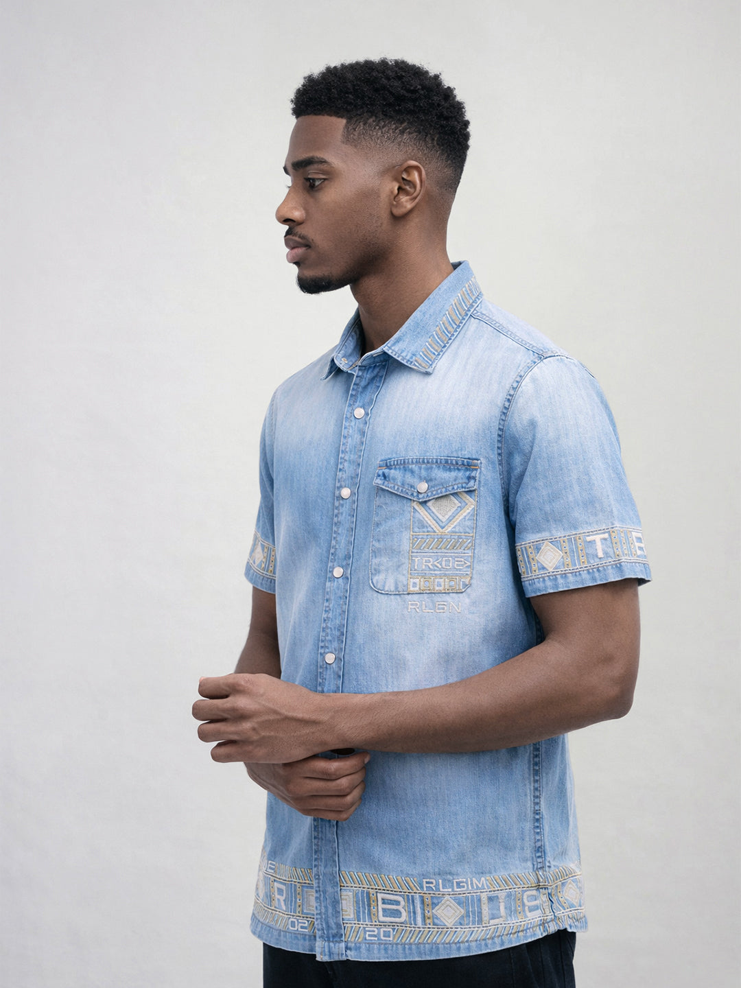 True Religion Men Blue Embroidered Cotton Shirt
