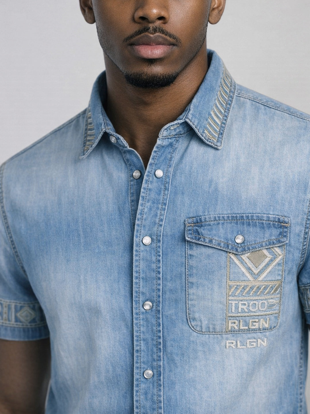 True Religion Men Blue Embroidered Cotton Shirt