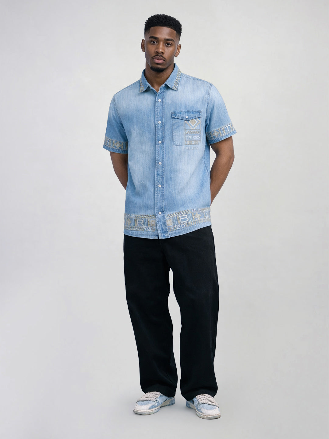 True Religion Men Blue Embroidered Cotton Shirt